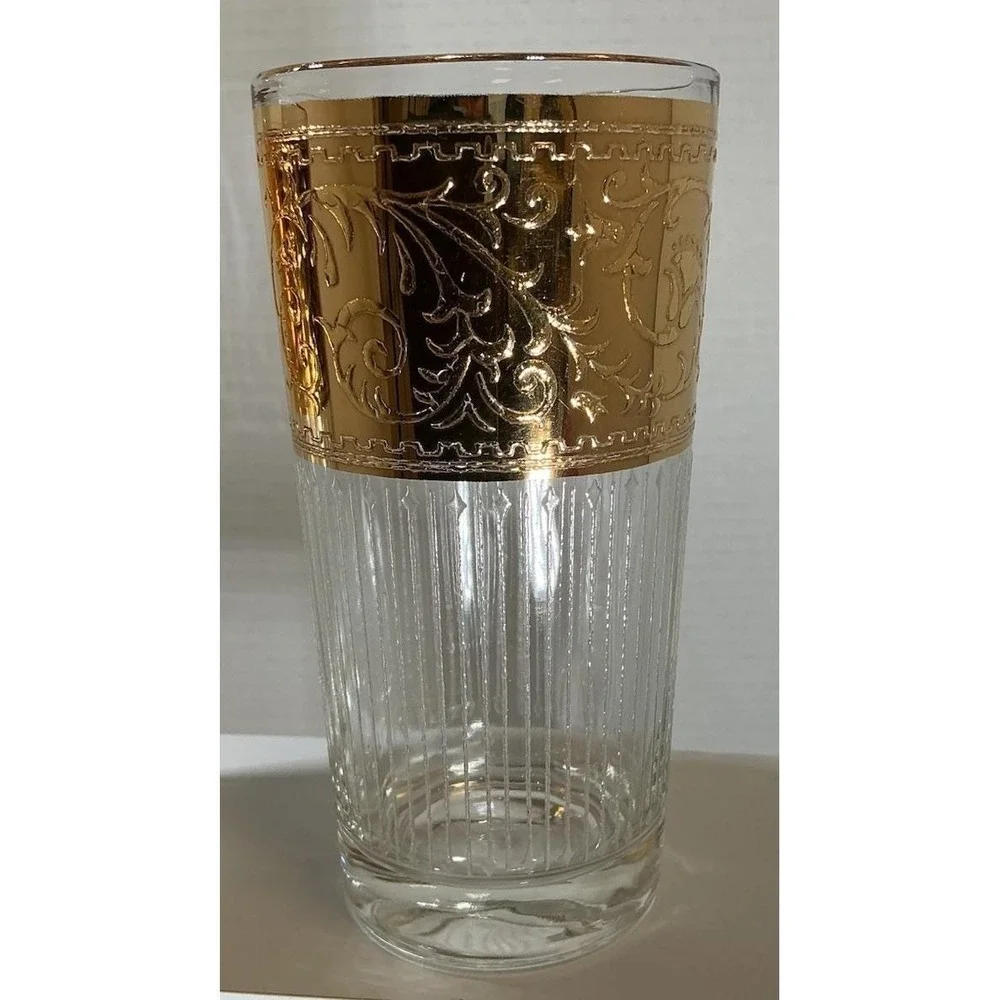 Vintage Gold Encrusted Floral Scroll‎ Highball Glasses Optic Ribbed Set of 4